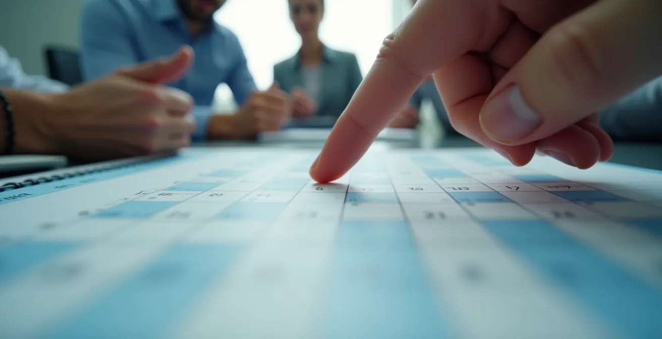 Supporters trust members strategically reviewing a calendar and preparing motion documents for a board submission.