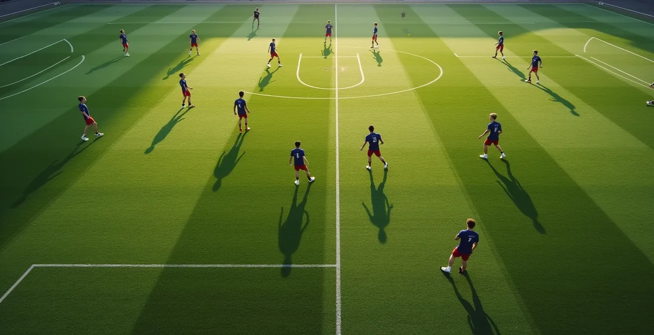 Wide angle view of football pitch showing players' positioning for beating offside trap